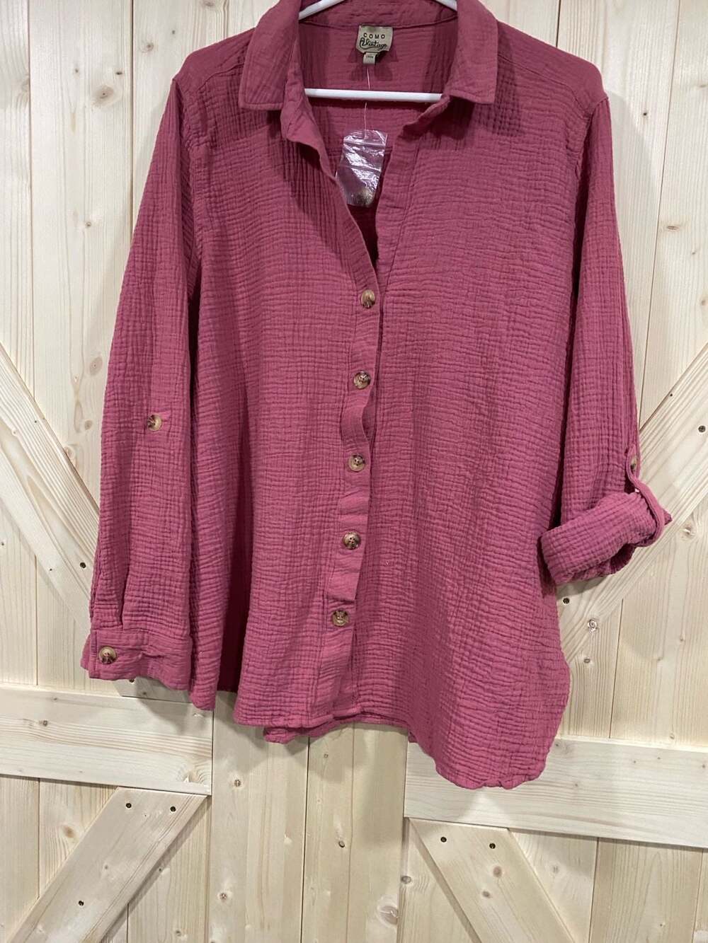 COMO Vintage Raspberry Pink Double Gauze Button Up Long Sleeve Shirt 3X